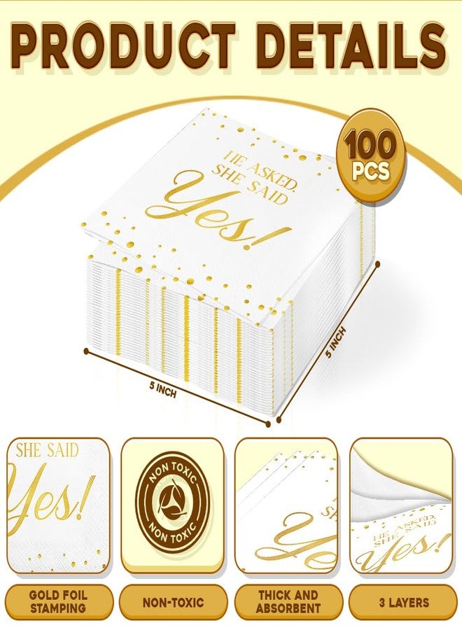 JOYGATHER Engagement - 100PCS White & Gold Foil Cocktail Napkins, 3-Ply Disposable Paper 5x5 Inches "He Asked, She Said Yes!" Napkin Decorations, Bridal Shower, Wedding, Anniversary, Party Men & Women - Image 2